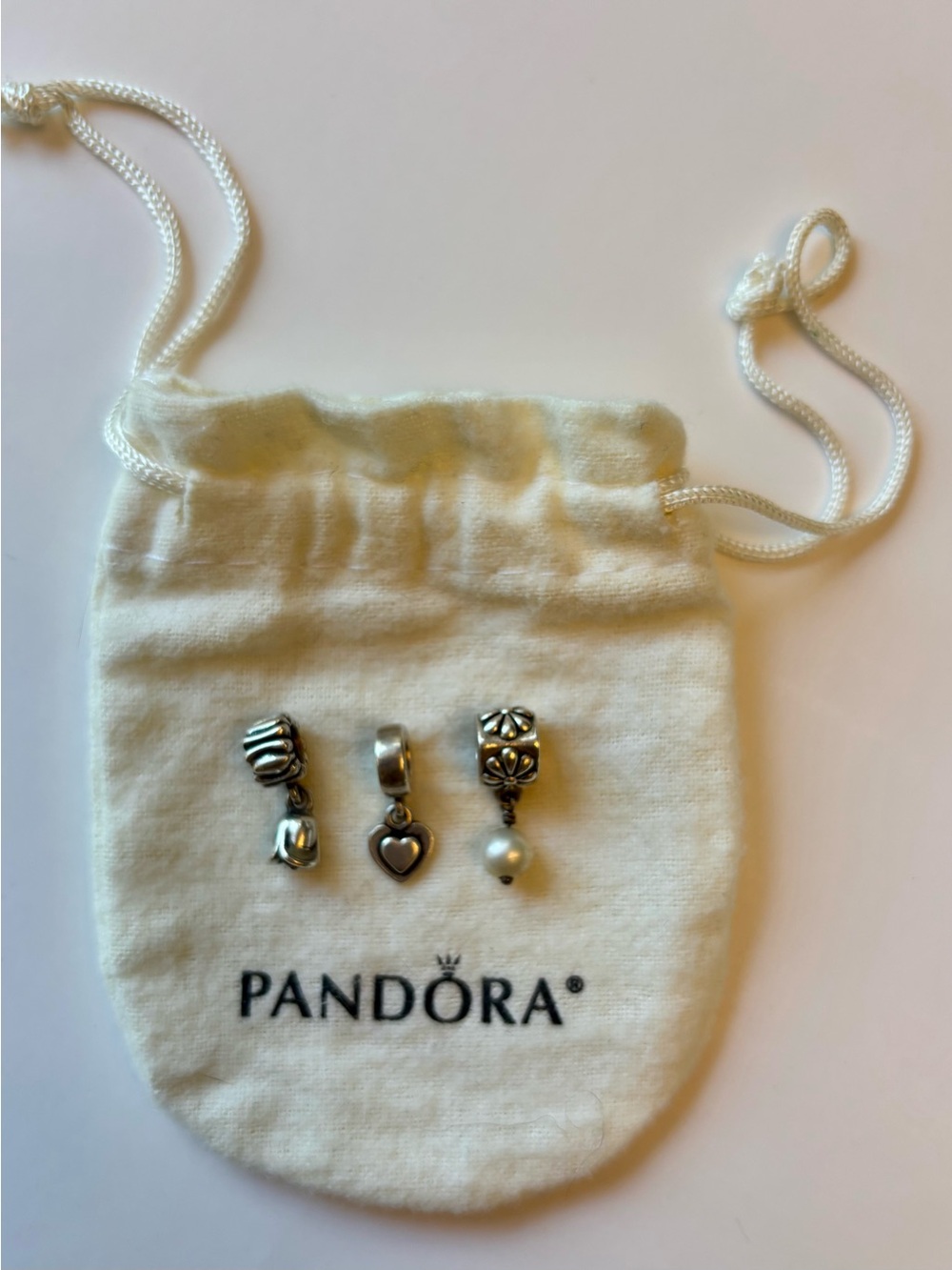 Pandora Vintage Dangle Charm Bundle: Double Heart, Flower w/ Pearl, Tulip